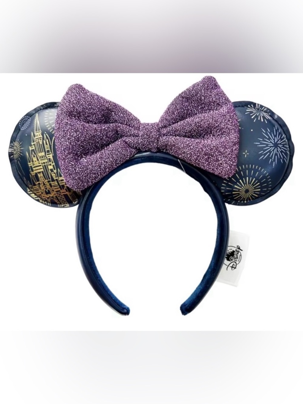 Castle and Fireworks Purple Bow Navy Blue Mouse Ears Headband